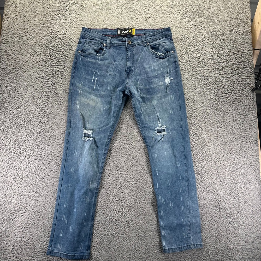 Raw X Jeans Mens 38x32 Blue Cotton Denim Straight Slim Faded Distressed Stretch